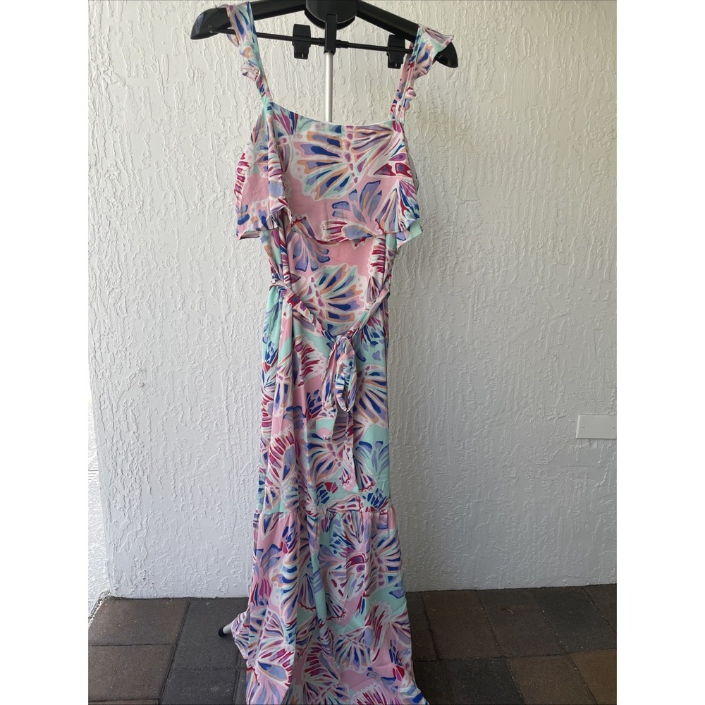 Emily Wonder Pink Tropical Abstract Ruffle Maxi Dress NWT Medium